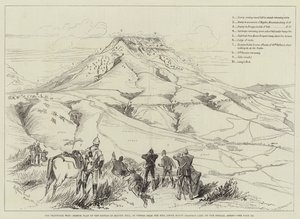 Transvaalkriget, skiss av slaget vid Majuba Hill, sett från kullen ovanför Mount Prospect Camp