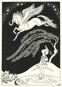 Nedåt kom Pegasus, i breda svepande cirklar (färg litho)
