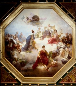 Frankrike, mitt bland de lagstiftande kungarna och franska rättsväsendet, får den konstitutionella stadgan från Ludvig XVIII, taket i Camondo-rummet, Louvren, Paris