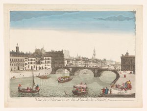 Utsikt över Ponte Santa Trinita över floden Arno i Florens Vue de Florence et du Pont de la Trinité (titel på objekt) av Mesard