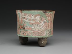Cylindriskt stativkärl med två glasögonfigurer, c.A.D. 400?650 (keramik, stuckatur och färg) av Mesoamerican Mesoamerican