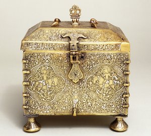En mesopotamisk silverinlagd mässingskista, med urtavlor för ett kombinationslås (framifrån) av Mesopotamian