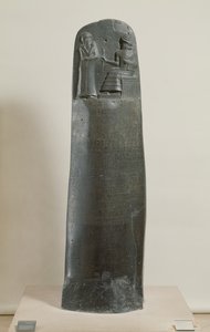 Hammurabis lagbok: guden Shamash dikterar sina lagar till Hammurabi, Babylons kung, hittad i Susa, Iran, ca 1750 f.Kr. (diorit) (för detaljer se 69507).