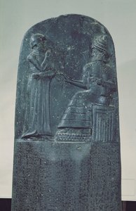 Relieffigur av solguden Shamash som dikterar sina lagar till kung Hammurabi på hans berömda lagbok, gammal babylonisk tid, 1760 f.Kr. (basalt) av Mesopotamian