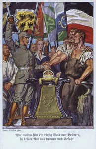 De tyska folkens enhet, propagandavykort (färg litho) av Mesopotamian