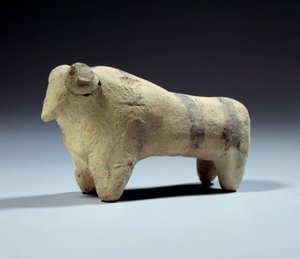 Medopotamie: tjurstatyett i terrakotta med målade remsor. Obeidperioden (5000-4000 f.Kr.) 4700-4200 f.Kr. Paris, Louvren av Mesopotamian Mesopotamian