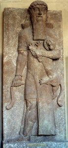 Mesopotamien: "" Staty av Sargon som bemästrar ett lejon""" sa "" Gilgamesh"" Court Khorsabad (Khunsabad) 800-talet. Paris, Louvren