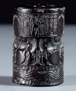 Mesopotamien: cylindrisk sigill i svart marmor i namnet av den gudomliga Sharkali-Sharri (Shakalisharri), kungen av Agade pryder med hjältar som vattnar buffel. 2300 f.Kr. Paris, Louvren av Mesopotamian Mesopotamian