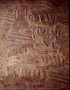 Mesopotamien: maritim scen som representerar transporten av timmer till Libanon. Detalj av en lågrelief albaster från Khorsabad (Khunsabad). Regne av Sargon II. 710 f.Kr. Paris, Louvren av Mesopotamian Mesopotamian