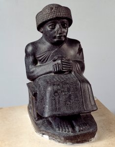 Mesopotamien: staty av guden Ningishzida som representerar Gudea sittande, prins av Lagash. Nysumerisk period (ca 2150-2000 f.Kr.). Paris, Louvren