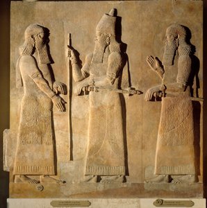 Orientaliska antikviteter: detalj av en albasterrelief som representerar Sargon II som ger order till en högre tjänsteman, från Palace of Sargon II eller Sharroukin, kung av Assyrien till Khorsabad (Khunsabad) (Mesopotamien), Irak. 722-705 f.Kr. Paris. Lou