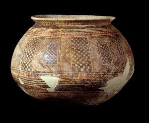 Orientalisk konst: Vas med geometrisk dekor av stilen Halaf (terrakotta, cirka 4500 f.Kr.) Mesopotamien eller norra Syrien. Paris, Louvren av Mesopotamian Mesopotamian