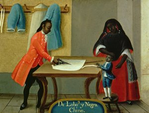 En Lobo-indian, hans halvrasiga afrikanska fru och deras barn, från en serie om blandrasäktenskap i Mexiko