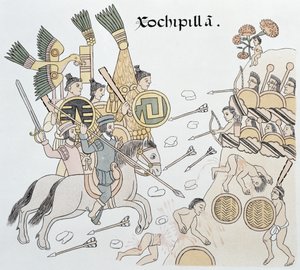 Slaget vid Xochipilla mellan spanjorerna och aztekerna, illustration från en faksimil av en mexikansk indisk bildhistoria Lienzo de Tlaxcala ca 1550, 1892