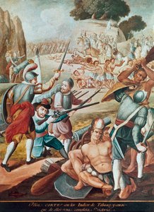 Erövringen av Mexiko: strid mot Hernando Cortes (Hernan Cortez) (1485-1547) till indianerna i Tabasco 1519"" Målning av den mexikanska skolan
