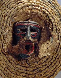 Kostymmask för firandet av den mexikanska årliga festivalen Guelaguetza (trä och flätat halm)