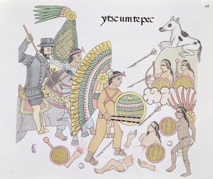 Hernando Cortes (1485-1547), under belägring vid Tenochtitlan, beslutar sig för att lämna staden, illustration från en faksimil av en mexikansk indisk bildhistoria Lienzo de Tlaxcala från ca 1550, 1892 (färg litho av Mexican School