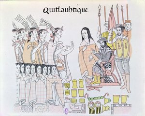 La Malinche (Dona Marina) som tolkar under presentationen av kvinnor och guld av Montezuma (1466-1520) till Hernando Cortes (1485-1547) illustration från en faksimil av en mexikansk indisk bild