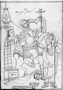 MS Hunter 242 f.246v, Cortes till häst, stående över den besegrade aztekekungen Moctezuma, illustration från Historia de Tlaxcala av Diego Munoz Camargo av Mexican School