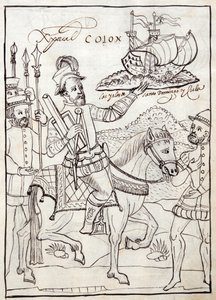 MS Hunter 242 f.247r Christopher Columbus, illustration från Historia de Tlaxcala av Diego Munoz Camargo av Mexican School