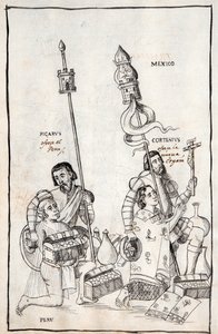 MS Hunter 242 f.248v Picarus (Pizarro) presenterar Peru och Cortesius (Cortes) Nueva Espana, illustration från Historia de Tlaxcala av Diego Munoz Camargo av Mexican School