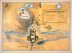 Karta över Alamo-området i San Antonio baserad på Santa Annas ursprungliga slagfältskarta