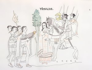 Möte mellan Hernando Cortes (1485-1547) och aztekerna, illustration från en faksimil av en mexikansk indisk bildhistoria Lienzo de Tlaxcala från ca 1550, 1892 av Mexican School