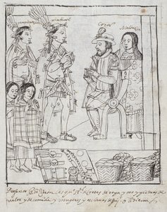 Montezuma möter Cortez Ms Hunter 242 f.255r Conquest of Mexico, från Historia de Tlaxcala av Diego Munoz Camargo av Mexican School
