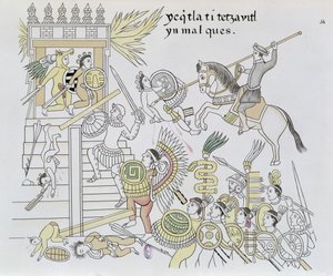 The Burning of the Idols av Hernan Cortes, illustration från en faksimil av en mexikansk indisk bildhistoria Lienzo de Tlaxcala ca 1550, 1892 (färggravyr) av Mexican School