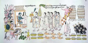 Tlaxcalans hövding, Maxixcatzin, överlämnar en bukett rosor och andra gåvor till Hernando Cortes (1485-1547) som välkomstbetyg, illustration från en faksimil av en mexikansk indisk bildhistoria av Mexican School