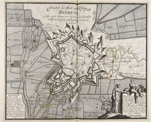 Planritning över staden och fästningen Bethune, som belägrades av de högallierade från den 14 juli 1710. Iul. av de höga All¨yrten och erövrades den 30 augusti. Aug. med Accord erövrades / Ingenjör Meyer ad vivum delineavit. av Meyer