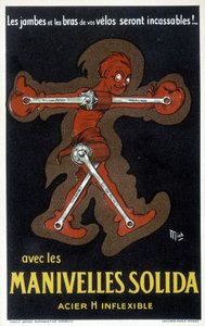 Reklam för Velo-vevar av massivt stål. Teckning av Mich (Michel Liebeaux