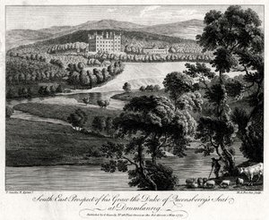 South East Prospect of his Grace the Duke of Queensberrys säte i Drumlanrig, Skottland, 1775 av Michael Angelo Rooker