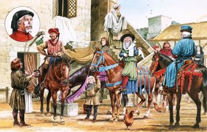 Canterbury Tales. Pilgrimer ger sig av från Tabard Inn.