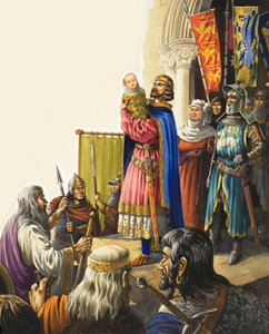 Kung Edward I (1239-1307) presenterar sin lille son (gouache på papper)