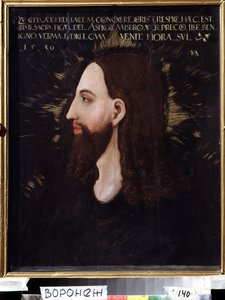 Porträtt av Kristus. Profil av Jesu Kristi ansikte omgiven av en lysande aureol. Målning av Michael Ostendorfer