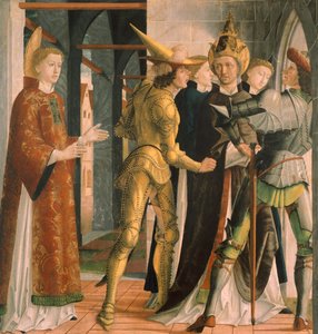 Påven Sixtus II tar ledigt från Saint Lawrence, cirka 1465, av Michael Pacher (cirka 1430-1498), panel