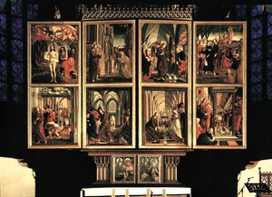 Wolfgang-altaret, stängda inre fönsterluckpar. 8 scener (målning) av Michael Pacher