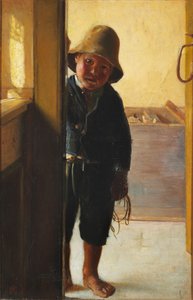 En fiskares son tittar genom en dörröppning. av Michael Peter Ancher
