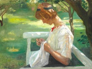 Ella Saxild syr i trädgården en sommardag. av Michael Peter Ancher