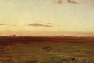 Utsikt över äng och sanddyner i kvällssol. av Michael Peter Ancher