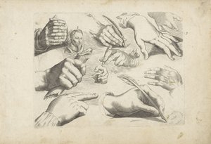 Studieblad med teckningsexempel: händer och porträtt av Hendrick Goltzius