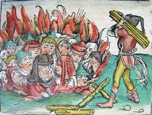 Bränning av judarna i Deggendorf 1338 från Schedels Chronicle of the World, 1493.