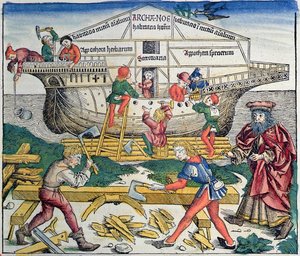 Byggandet av Noaks ark, ur Nürnbergkrönikan av Hartmann Schedel, 1493 (träsnitt i färg)
