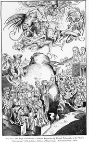 The Reign of Antichrist, från Liber Chronicarum, publicerad 1493, illustration från, Science and Literature in the Middle Ages and Renaissance, skriven och graverad av Paul Lacroix, 1878 (gravyr