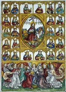 Jesus omgiven av de fyra evangelisternas symboler och många kungar som bär harpor och guldkoppar.