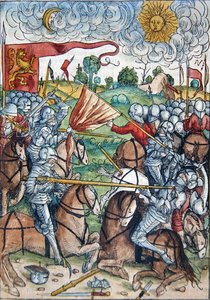 Slaget vid Gibeon och solen och månen som står stilla på begäran av Joshua, från "Le tresor, ou recipient de la vraie richesse du salut de la beatitude eternelle" av Koberger, publicerad i Nürnberg