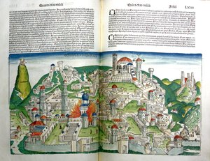 Den upproriska staden Jerusalem som förstördes av kejsar Titus, ur Nürnbergkrönikan av Hartmann Schedel (1440-1514) tryckt 1493.
