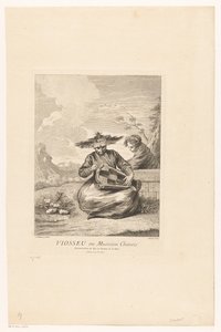 Man sitter med benen i kors med gurdy-gurdy Viosseu ou Musicien Chinois (titel på objekt) Serie av asiatiska scener från samlingen Château de la Muette (serietitel) Figures chinoises et tartares du château de la Muette (serietitel)