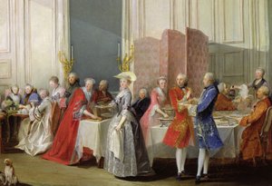 Engelskt te i Salon des Quatre Glaces vid Prince de Contis hus (1717-76) Palais du Temple, detalj av gästerna, 1766